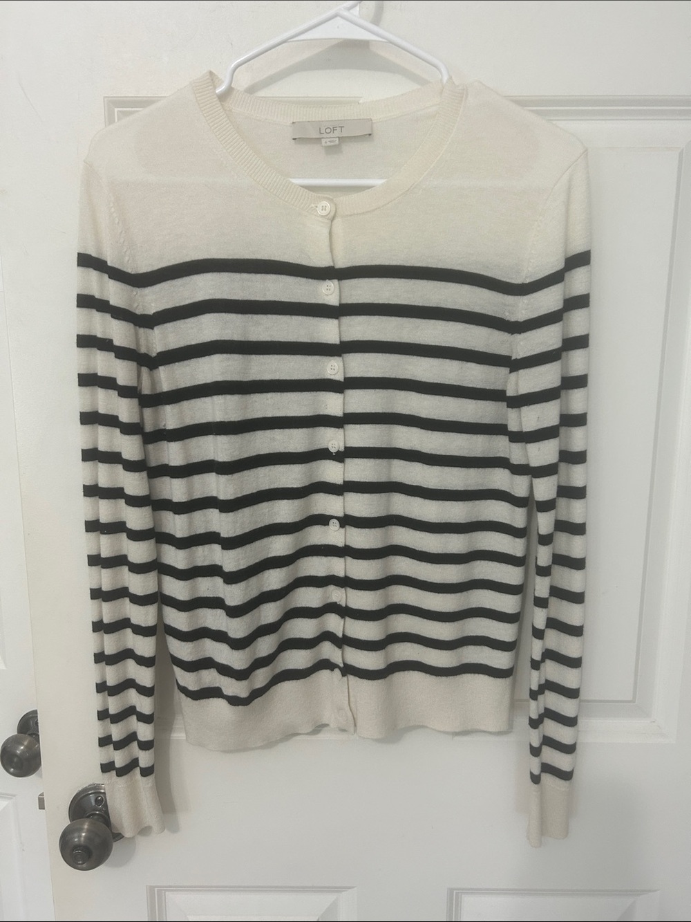 LOFT Cream and Black Striped Button-Front Cardigan size small